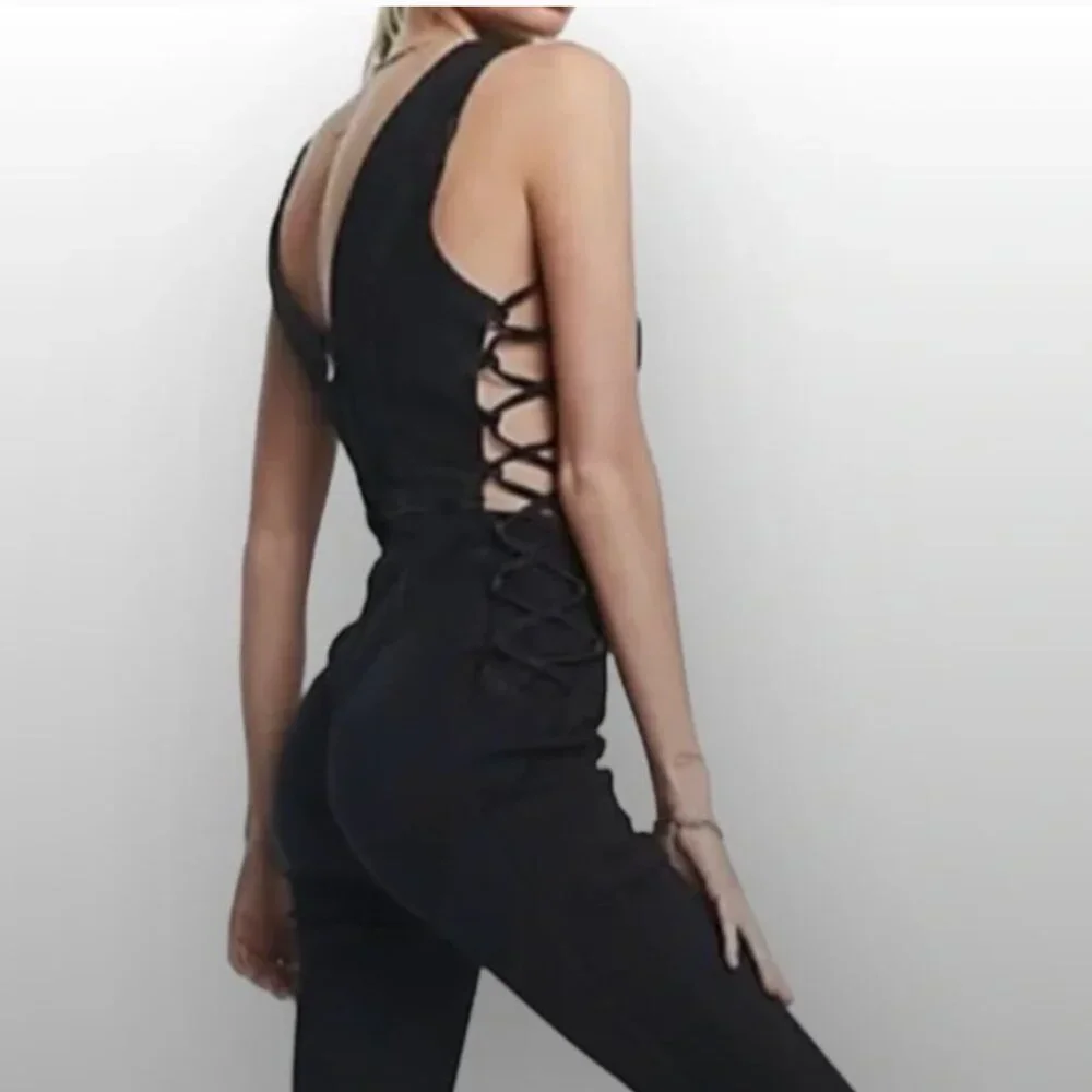 New Free People Geanie Lace-Up Jumpsuit Black Size XL